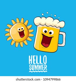 vector cartoon funky beer glass character and summer sun isolated on blue background. Hello summer text and funky beer concept illustration. Funny cartoon smiling friends.