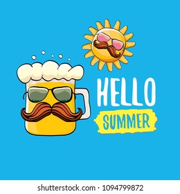 vector cartoon funky beer glass character and summer sun isolated on blue background. Hello summer text and funky beer concept illustration. Funny cartoon smiling friends.