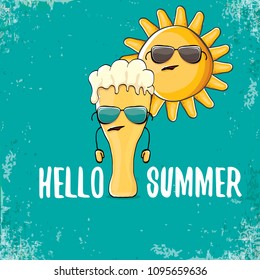 vector cartoon funky beer glass character and summer sun isolated on azure background. Hello summer text and funky beer concept illustration. Funny cartoon smiling friends.