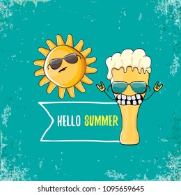 vector cartoon funky beer glass character and summer sun isolated on azure background. Hello summer text and funky beer concept illustration. Funny cartoon smiling friends.