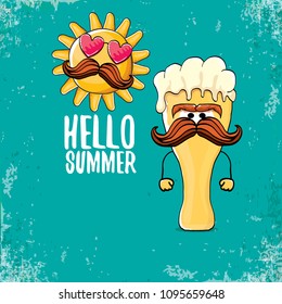 vector cartoon funky beer glass character and summer sun isolated on azure background. Hello summer text and funky beer concept illustration. Funny cartoon smiling friends.