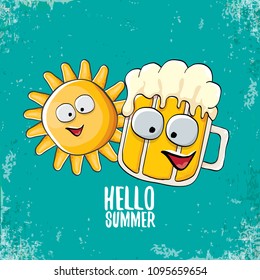 vector cartoon funky beer glass character and summer sun isolated on azure background. Hello summer text and funky beer concept illustration. Funny cartoon smiling friends.