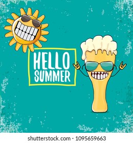 vector cartoon funky beer glass character and summer sun isolated on azure background. Hello summer text and funky beer concept illustration. Funny cartoon smiling friends.