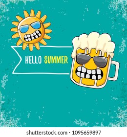 vector cartoon funky beer glass character and summer sun isolated on azure background. Hello summer text and funky beer concept illustration. Funny cartoon smiling friends.