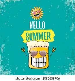 Vector Cartoon Funky Beer Glass Character And Summer Sun Isolated On Azure Background. Hello Summer Text And Funky Beer Concept Illustration. Funny Cartoon Smiling Friends.