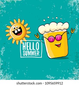vector cartoon funky beer glass character and summer sun isolated on azure background. Hello summer text and funky beer concept illustration. Funny cartoon smiling friends.