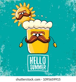 vector cartoon funky beer glass character and summer sun isolated on azure background. Hello summer text and funky beer concept illustration. Funny cartoon smiling friends.