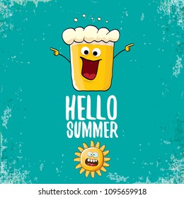 vector cartoon funky beer glass character and summer sun isolated on azure background. Hello summer text and funky beer concept illustration. Funny cartoon smiling friends.