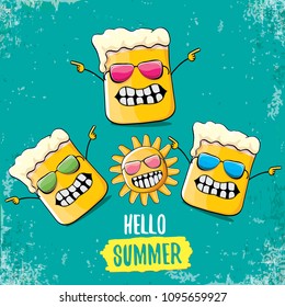 vector cartoon funky beer glass character and summer sun isolated on azure background. Hello summer text and funky beer concept illustration. Funny cartoon smiling friends.