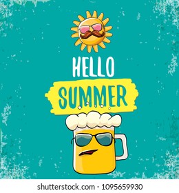 vector cartoon funky beer glass character and summer sun isolated on azure background. Hello summer text and funky beer concept illustration. Funny cartoon smiling friends.