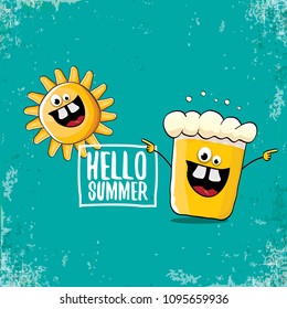 vector cartoon funky beer glass character and summer sun isolated on azure background. Hello summer text and funky beer concept illustration. Funny cartoon smiling friends.