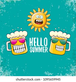 vector cartoon funky beer glass character and summer sun isolated on azure background. Hello summer text and funky beer concept illustration. Funny cartoon smiling friends.