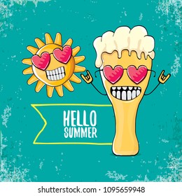 vector cartoon funky beer glass character and summer sun isolated on azure background. Hello summer text and funky beer concept illustration. Funny cartoon smiling friends.