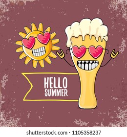 vector cartoon funky beer glass character and summer sun isolated on brown background. Hello summer text and funky beer concept illustration. Funny cartoon smiling friends.