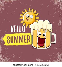 vector cartoon funky beer glass character and summer sun isolated on brown background. Hello summer text and funky beer concept illustration. Funny cartoon smiling friends.