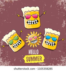 vector cartoon funky beer glass character and summer sun isolated on brown background. Hello summer text and funky beer concept illustration. Funny cartoon smiling friends.