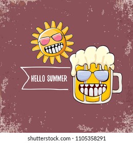 vector cartoon funky beer glass character and summer sun isolated on brown background. Hello summer text and funky beer concept illustration. Funny cartoon smiling friends.