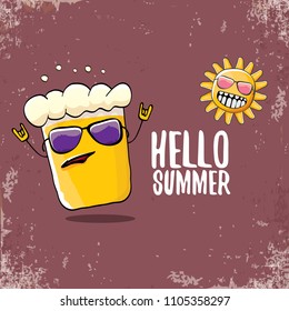 vector cartoon funky beer glass character and summer sun isolated on brown background. Hello summer text and funky beer concept illustration. Funny cartoon smiling friends.