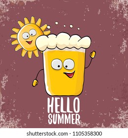 vector cartoon funky beer glass character and summer sun isolated on brown background. Hello summer text and funky beer concept illustration. Funny cartoon smiling friends.