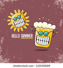 vector cartoon funky beer glass character and summer sun isolated on brown background. Hello summer text and funky beer concept illustration. Funny cartoon smiling friends.