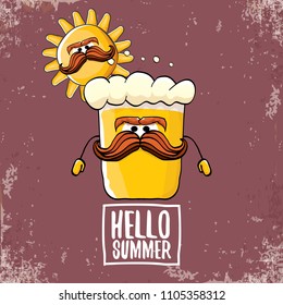 vector cartoon funky beer glass character and summer sun isolated on brown background. Hello summer text and funky beer concept illustration. Funny cartoon smiling friends.