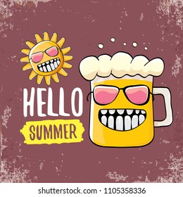 vector cartoon funky beer glass character and summer sun isolated on brown background. Hello summer text and funky beer concept illustration. Funny cartoon smiling friends.