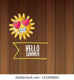 vector cartoon funky beer glass character and summer sun isolated on wooden wall background. Hello summer text and funky beer concept illustration. Funny cartoon smiling friends.