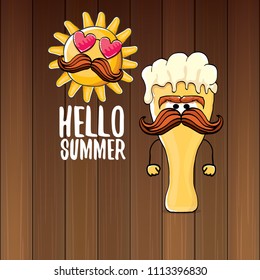 vector cartoon funky beer glass character and summer sun isolated on wooden wall background. Hello summer text and funky beer concept illustration. Funny cartoon smiling friends.