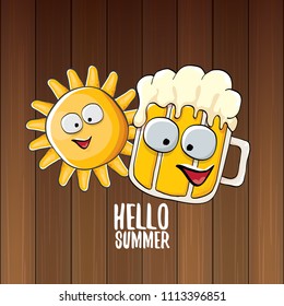 vector cartoon funky beer glass character and summer sun isolated on wooden wall background. Hello summer text and funky beer concept illustration. Funny cartoon smiling friends.