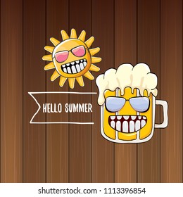 vector cartoon funky beer glass character and summer sun isolated on wooden wall background. Hello summer text and funky beer concept illustration. Funny cartoon smiling friends.