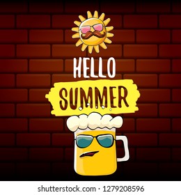 vector cartoon funky beer glass character and summer sun isolated on brick wall background. Hello summer text and funky beer concept illustration. Funny cartoon smiling friends