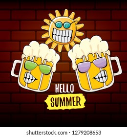 vector cartoon funky beer glass character and summer sun isolated on brick wall background. Hello summer text and funky beer concept illustration. Funny cartoon smiling friends