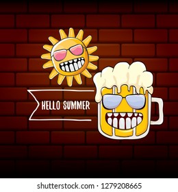 vector cartoon funky beer glass character and summer sun isolated on brick wall background. Hello summer text and funky beer concept illustration. Funny cartoon smiling friends