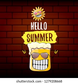 vector cartoon funky beer glass character and summer sun isolated on brick wall background. Hello summer text and funky beer concept illustration. Funny cartoon smiling friends