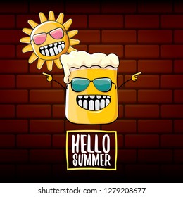 vector cartoon funky beer glass character and summer sun isolated on brick wall background. Hello summer text and funky beer concept illustration. Funny cartoon smiling friends