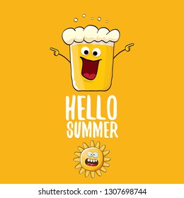 vector cartoon funky beer glass character and summer sun isolated on orange summer background. Hello summer text and funky beer concept illustration. Funny cartoon smiling friends