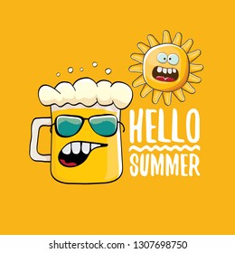 vector cartoon funky beer glass character and summer sun isolated on orange summer background. Hello summer text and funky beer concept illustration. Funny cartoon smiling friends