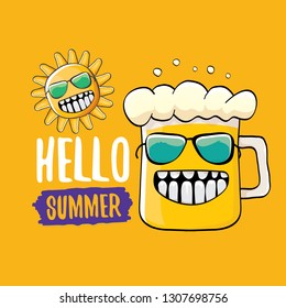 vector cartoon funky beer glass character and summer sun isolated on orange summer background. Hello summer text and funky beer concept illustration. Funny cartoon smiling friends