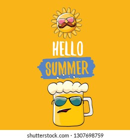 vector cartoon funky beer glass character and summer sun isolated on orange summer background. Hello summer text and funky beer concept illustration. Funny cartoon smiling friends