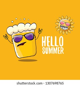 vector cartoon funky beer glass character and summer sun isolated on orange summer background. Hello summer text and funky beer concept illustration. Funny cartoon smiling friends
