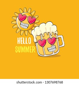 vector cartoon funky beer glass character and summer sun isolated on orange summer background. Hello summer text and funky beer concept illustration. Funny cartoon smiling friends