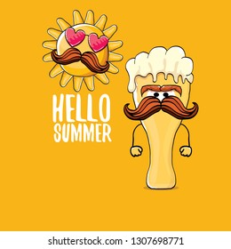 vector cartoon funky beer glass character and summer sun isolated on orange summer background. Hello summer text and funky beer concept illustration. Funny cartoon smiling friends