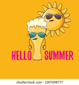 vector cartoon funky beer glass character and summer sun isolated on orange summer background. Hello summer text and funky beer concept illustration. Funny cartoon smiling friends