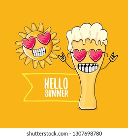 vector cartoon funky beer glass character and summer sun isolated on orange summer background. Hello summer text and funky beer concept illustration. Funny cartoon smiling friends