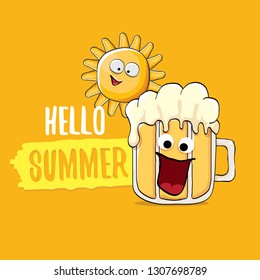 vector cartoon funky beer glass character and summer sun isolated on orange summer background. Hello summer text and funky beer concept illustration. Funny cartoon smiling friends