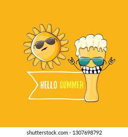 vector cartoon funky beer glass character and summer sun isolated on orange summer background. Hello summer text and funky beer concept illustration. Funny cartoon smiling friends