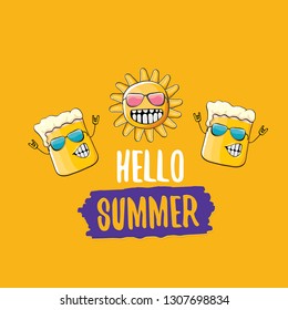 vector cartoon funky beer glass character and summer sun isolated on orange summer background. Hello summer text and funky beer concept illustration. Funny cartoon smiling friends