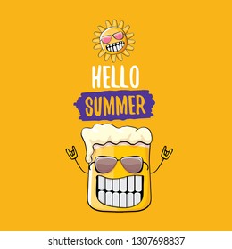 vector cartoon funky beer glass character and summer sun isolated on orange summer background. Hello summer text and funky beer concept illustration. Funny cartoon smiling friends