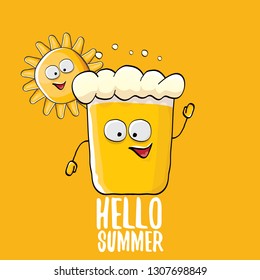 vector cartoon funky beer glass character and summer sun isolated on orange summer background. Hello summer text and funky beer concept illustration. Funny cartoon smiling friends