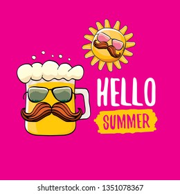 vector cartoon funky beer glass character and summer sun isolated on pink summer background. Hello summer text and funky beer concept illustration. Funny cartoon smiling friends